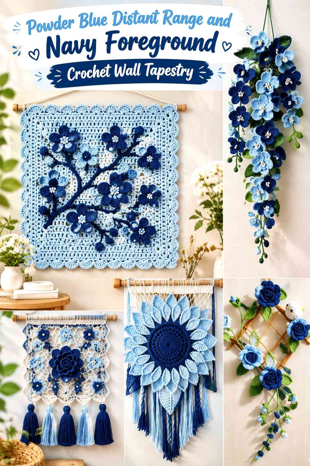 Powder Blue Distant Range and Navy Foreground Crochet Wall Tapestry