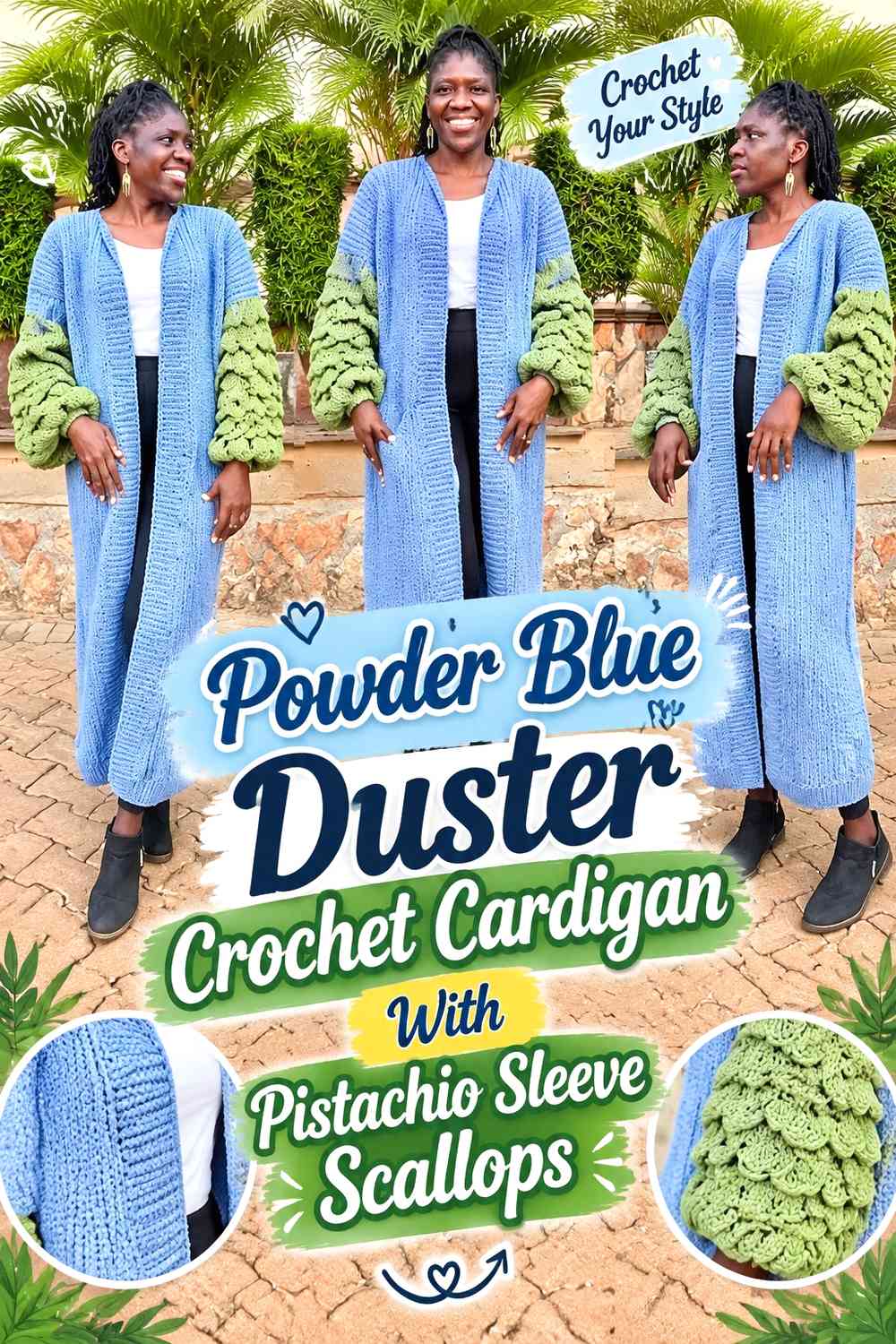 Powder Blue Duster Crochet Cardigan With Pistachio Sleeve Scallops
