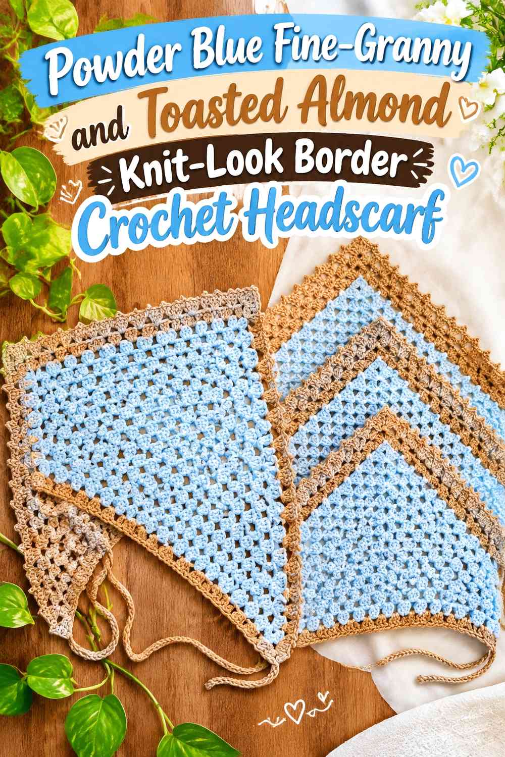 Powder Blue Fine-Granny and Toasted Almond Knit-Look Border Crochet Headscarf