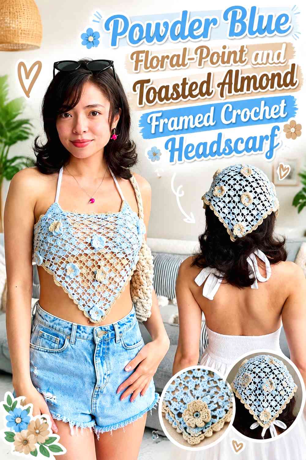 Powder Blue Floral-Point and Toasted Almond Framed Crochet Headscarf