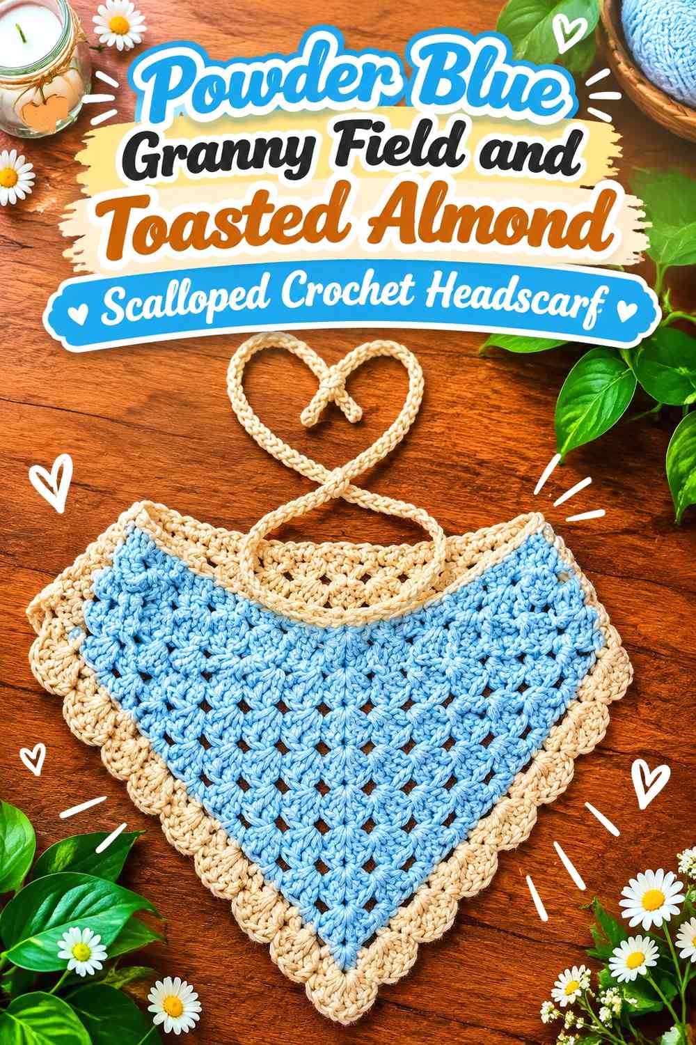 Powder Blue Granny Field and Toasted Almond Scalloped Crochet Headscarf