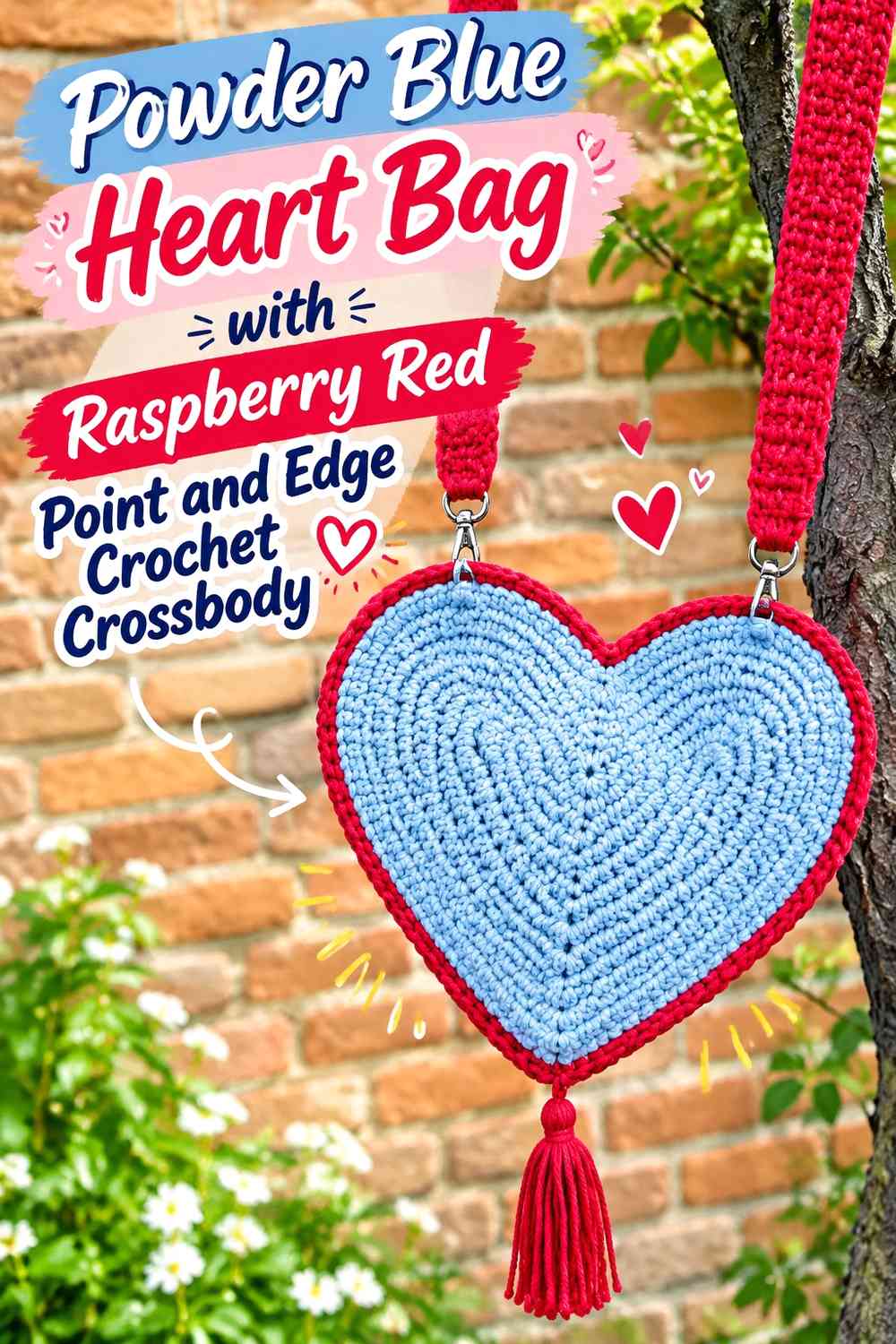 Powder Blue Heart Bag with Raspberry Red Point and Edge Crochet Crossbody