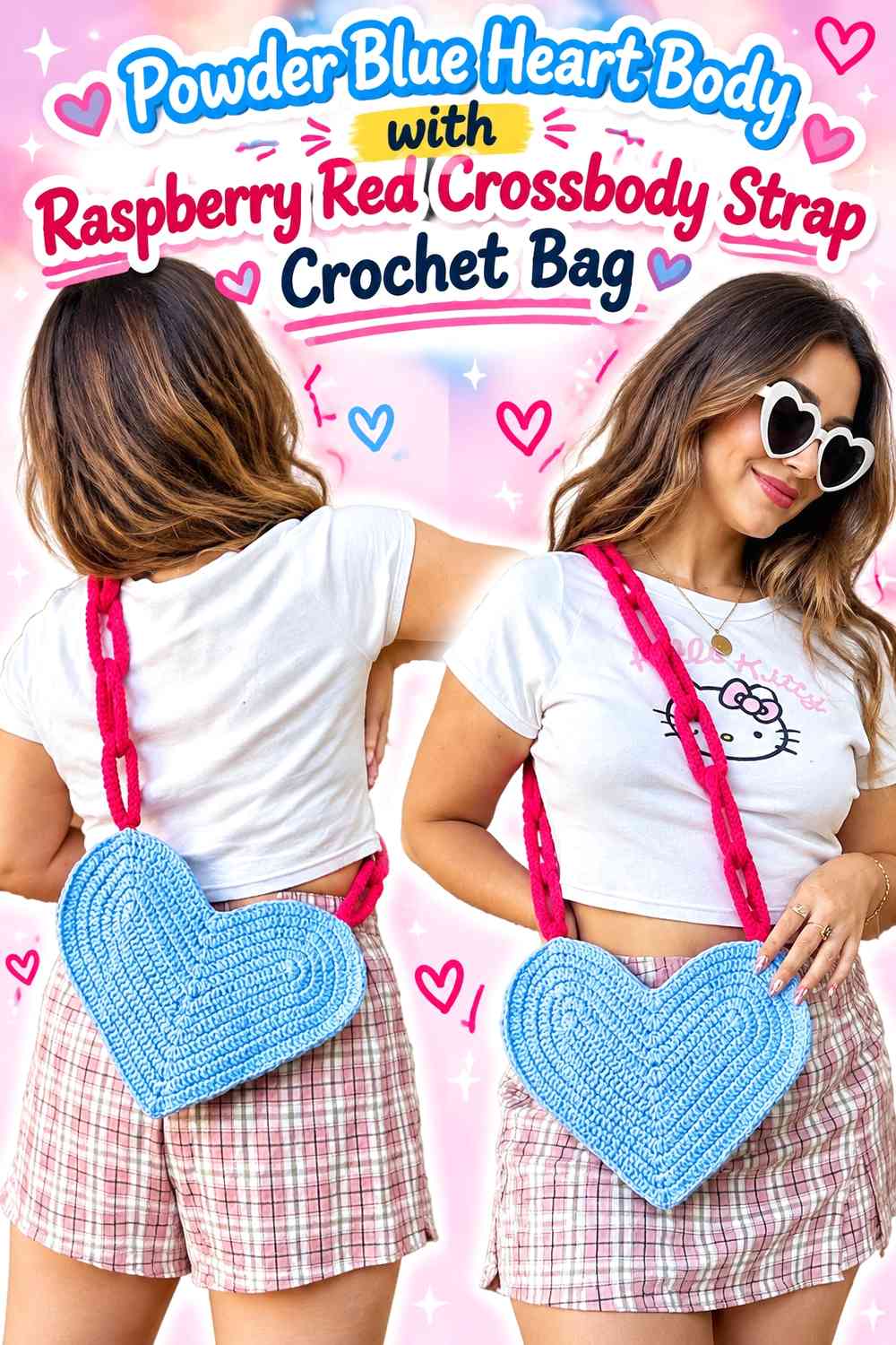 Powder Blue Heart Body with Raspberry Red Crossbody Strap Crochet Bag