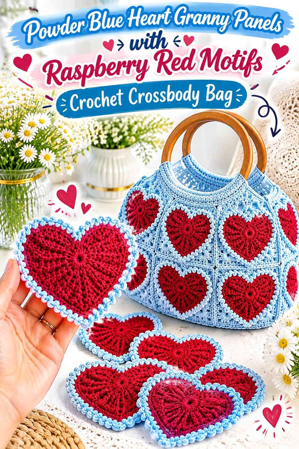 Powder Blue Heart Granny Panels with Raspberry Red Motifs Crochet Crossbody Bag