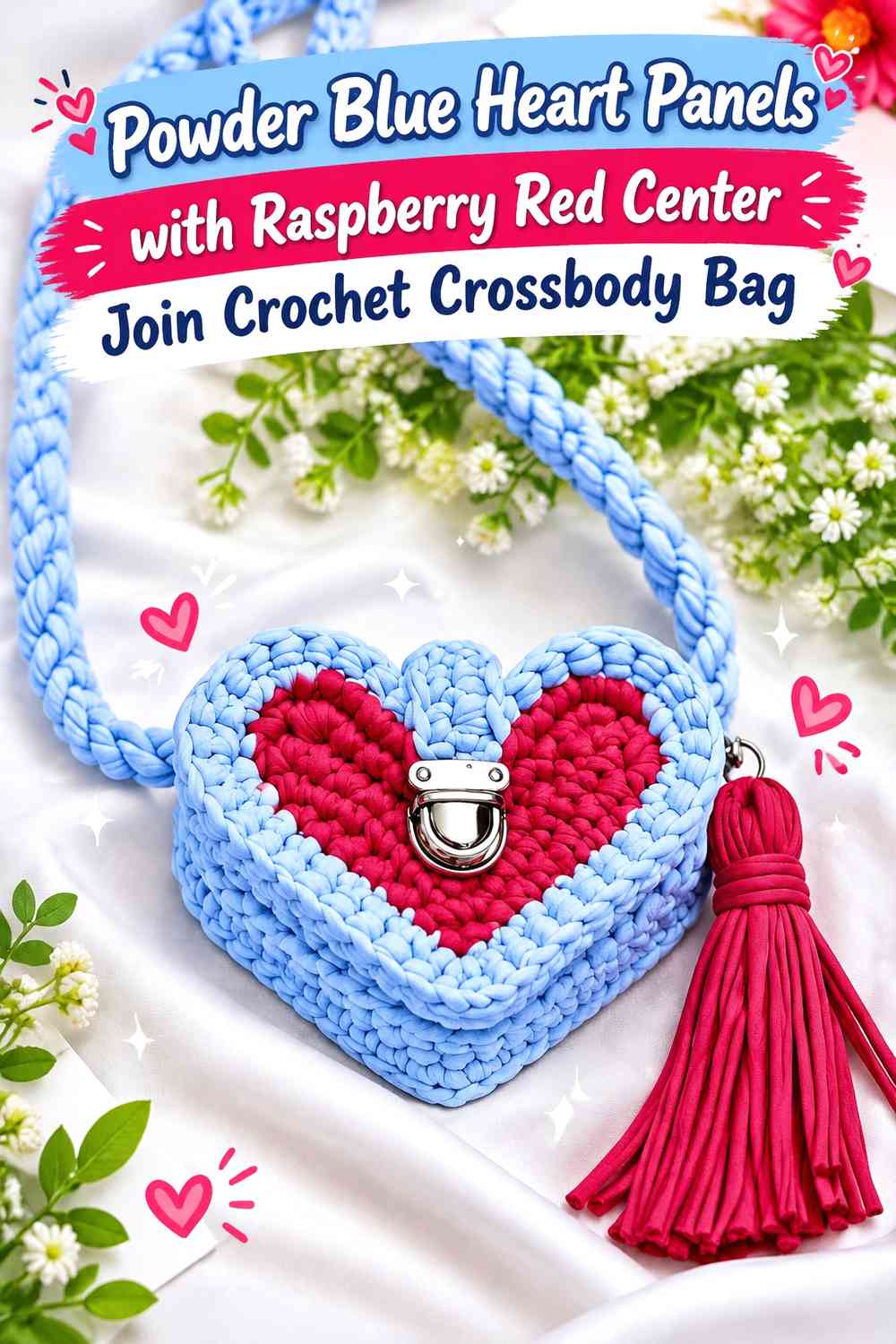 Powder Blue Heart Panels with Raspberry Red Center Join Crochet Crossbody Bag