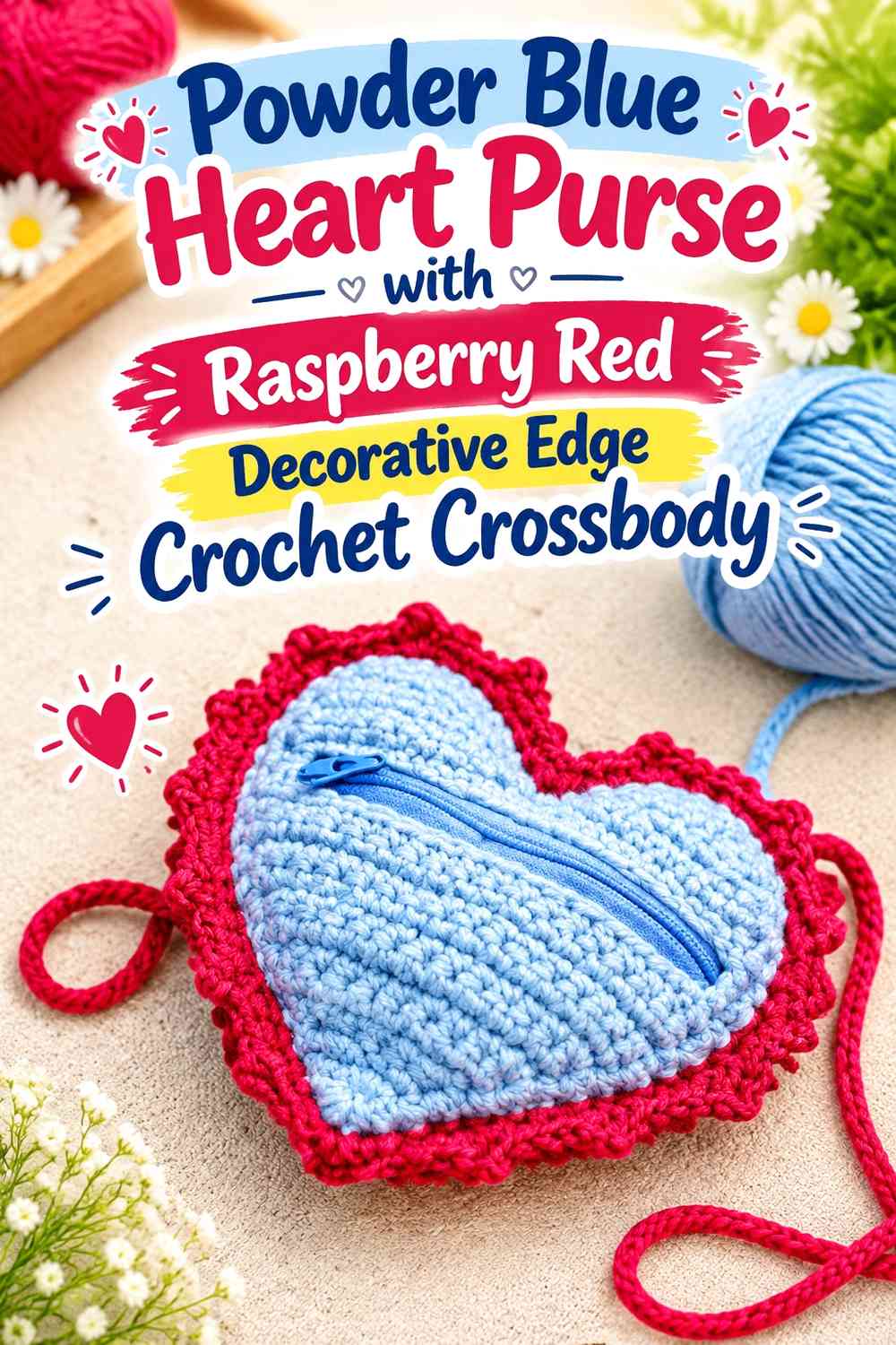 Powder Blue Heart Purse with Raspberry Red Decorative Edge Crochet Crossbody