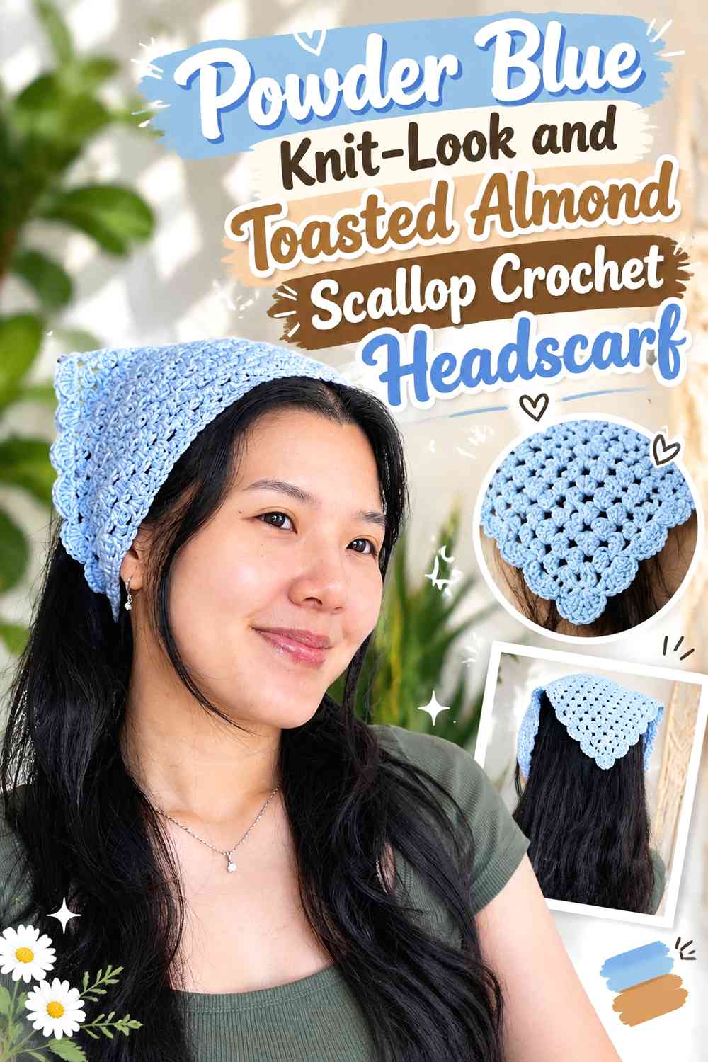 Powder Blue Knit-Look and Toasted Almond Scallop Crochet Headscarf