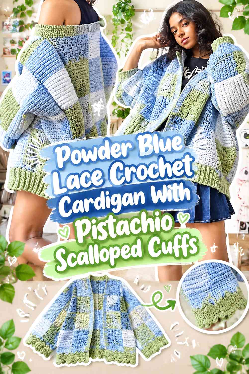 Powder Blue Lace Crochet Cardigan With Pistachio Scalloped Cuffs