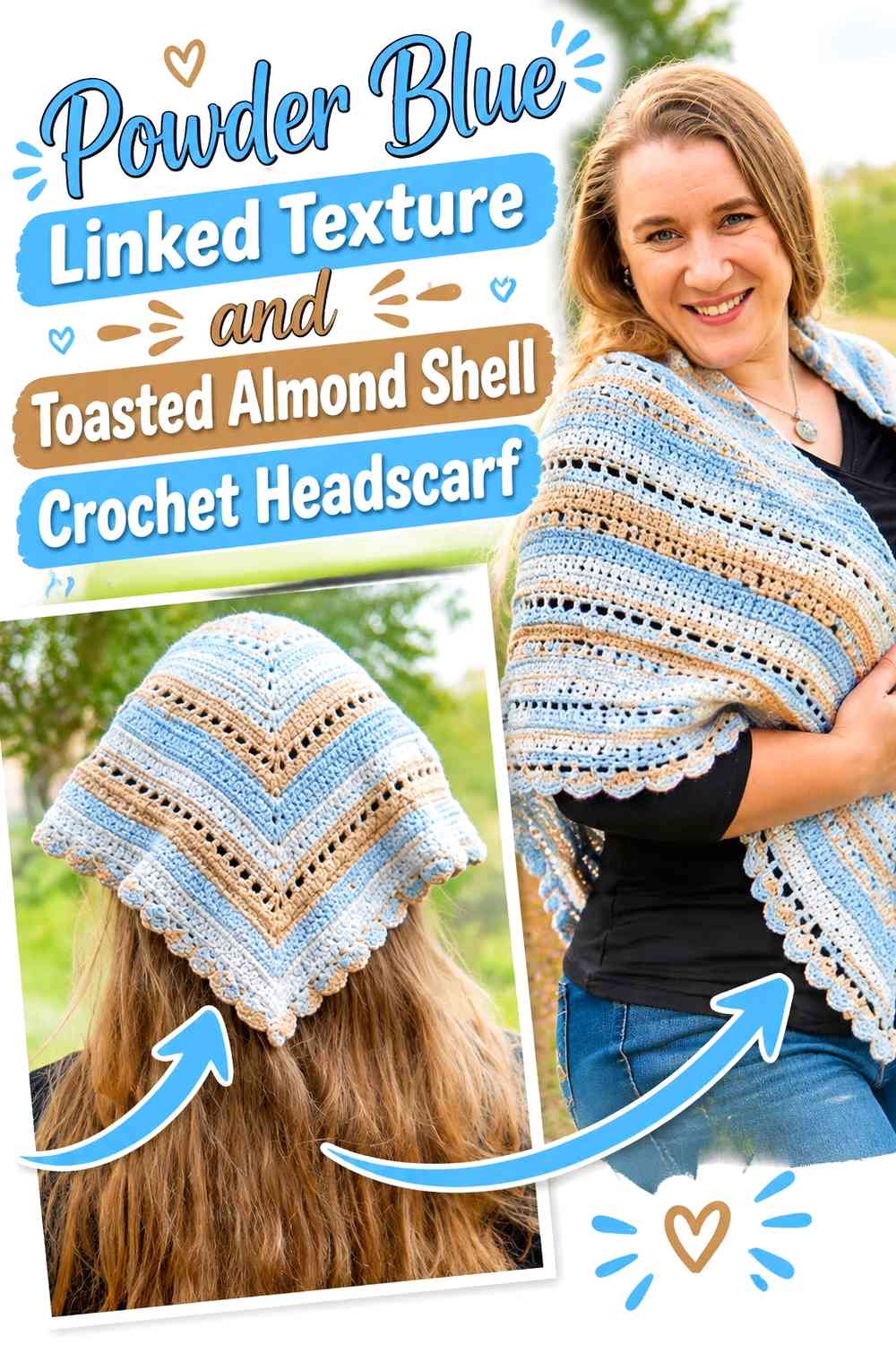 Powder Blue Linked Texture and Toasted Almond Shell Crochet Headscarf