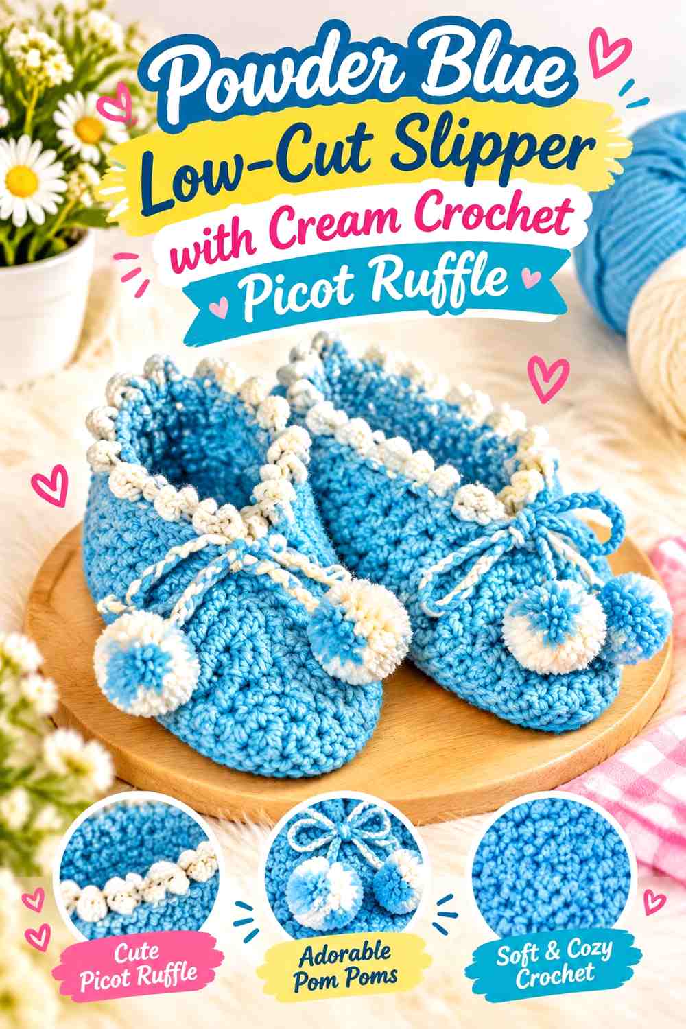 Powder Blue Low-Cut Slipper with Cream Crochet Picot Ruffle