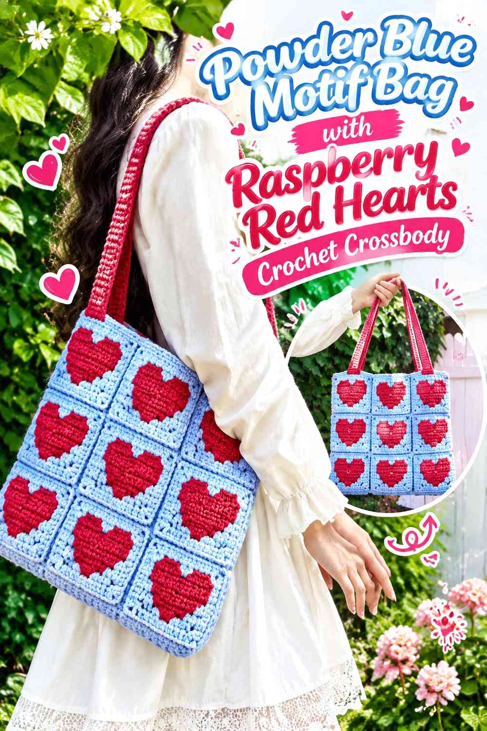 Powder Blue Motif Bag with Raspberry Red Hearts Crochet Crossbody