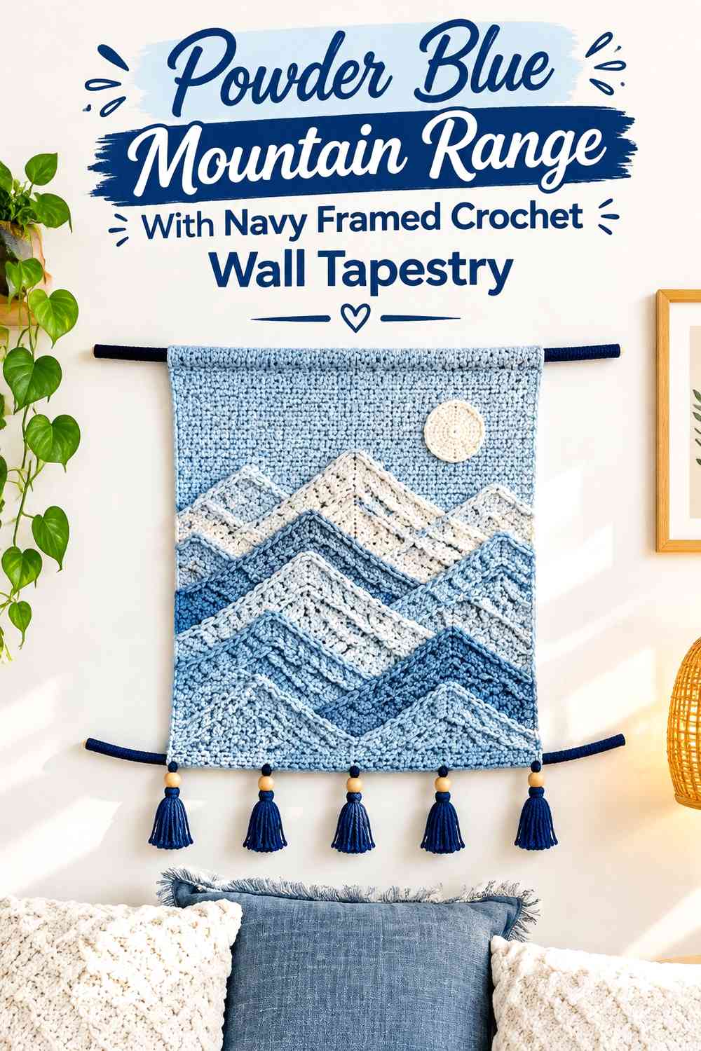Powder Blue Mountain Range With Navy Framed Crochet Wall Tapestry