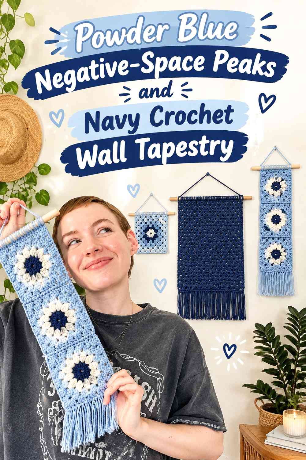 Powder Blue Negative-Space Peaks and Navy Crochet Wall Tapestry