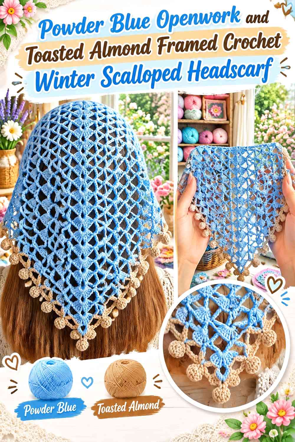 Powder Blue Openwork and Toasted Almond Framed Crochet Winter Scalloped Headscarf