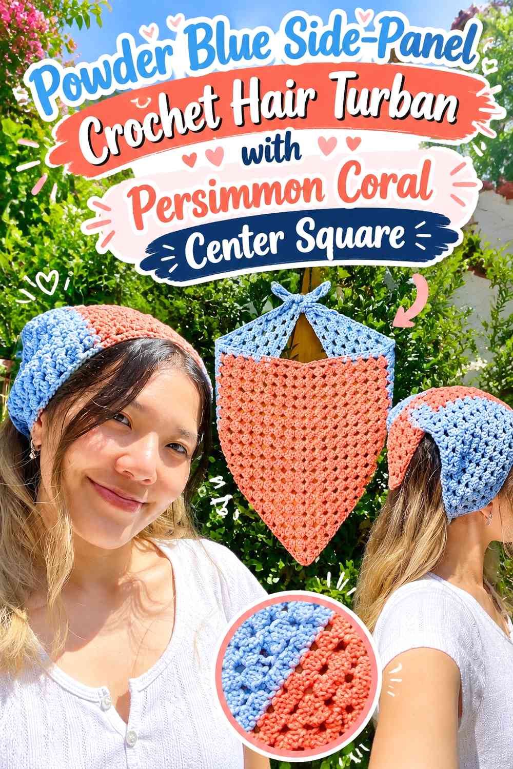 Powder Blue Side-Panel Crochet Hair Turban with Persimmon Coral Center Square