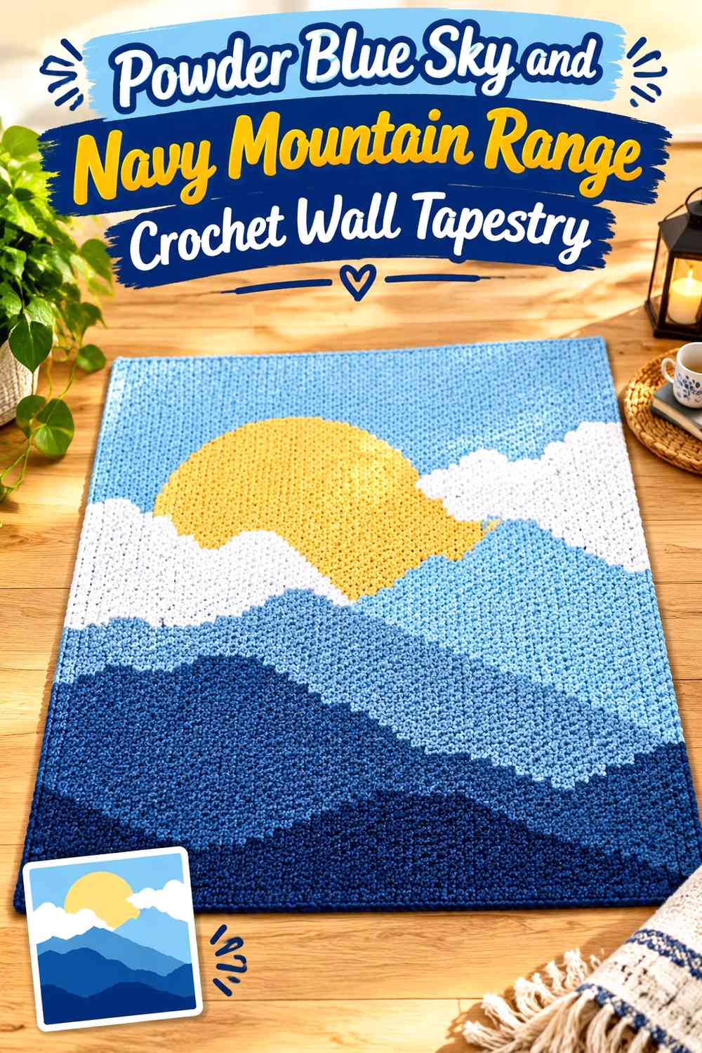 Powder Blue Sky and Navy Mountain Range Crochet Wall Tapestry
