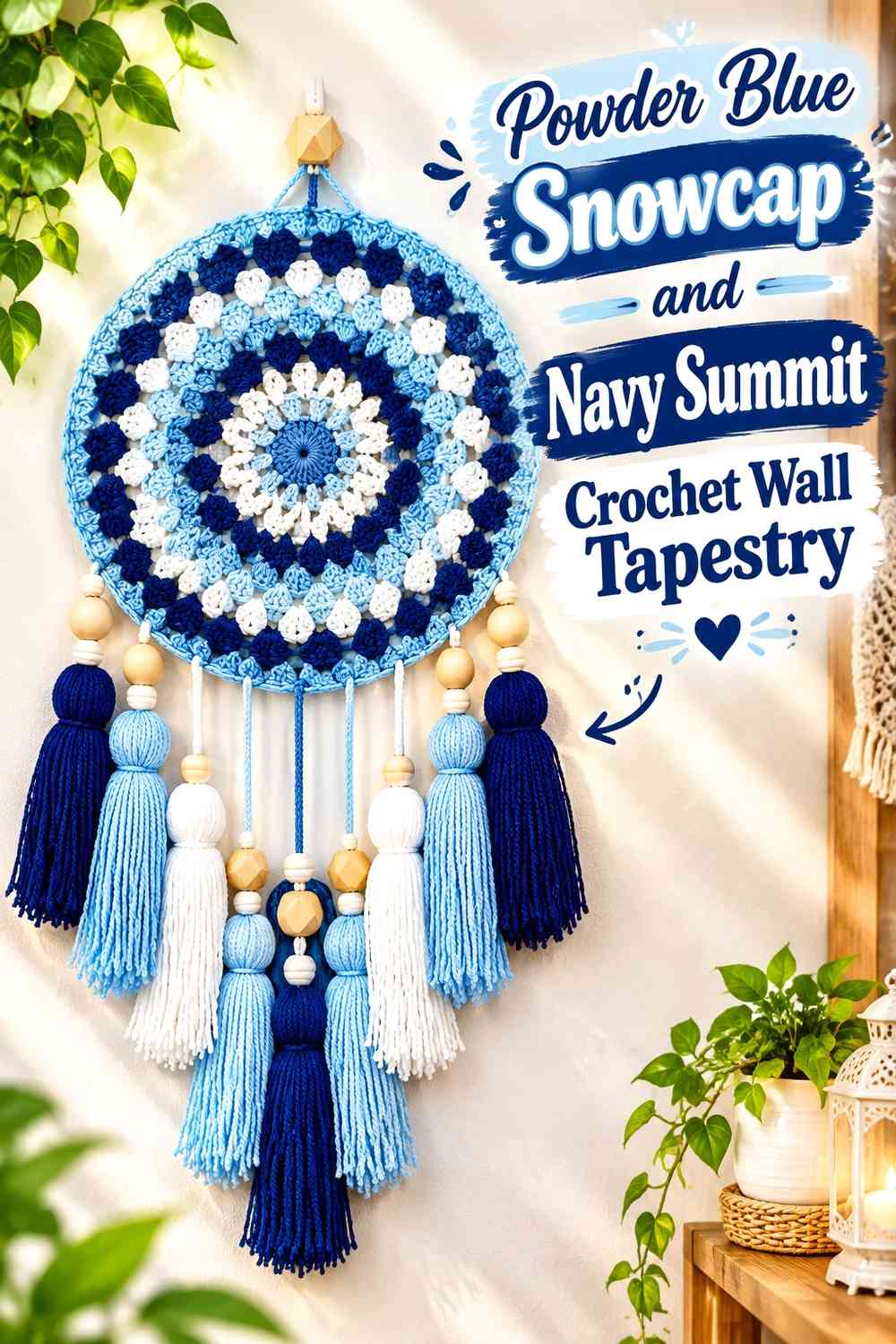 Powder Blue Snowcap and Navy Summit Crochet Wall Tapestry