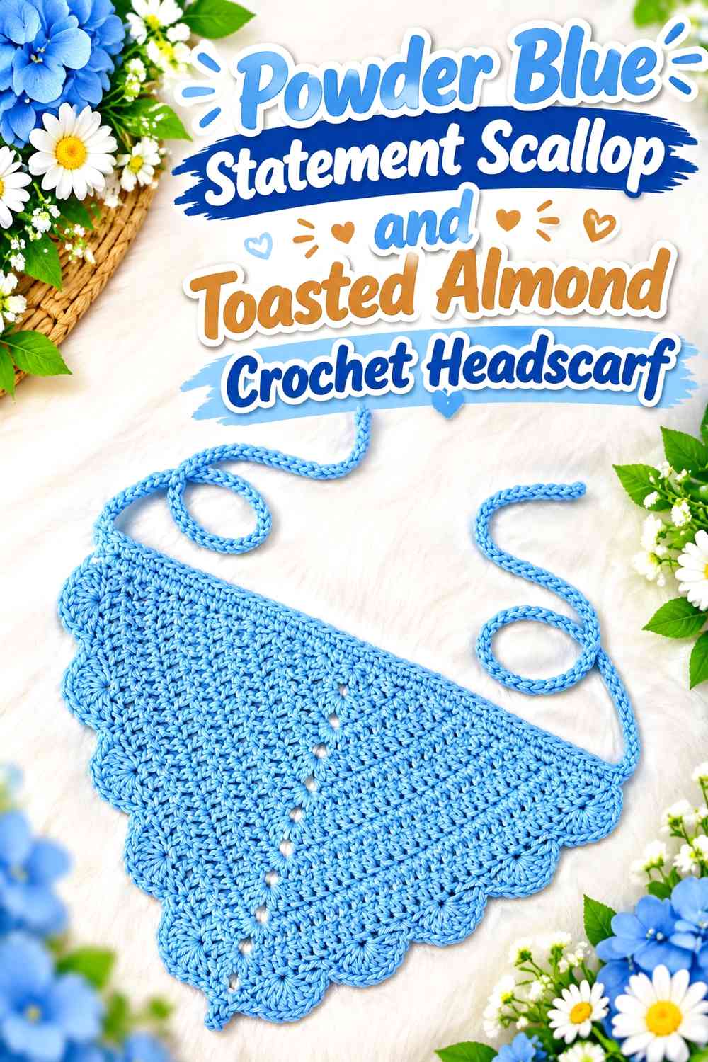 Powder Blue Statement Scallop and Toasted Almond Crochet Headscarf