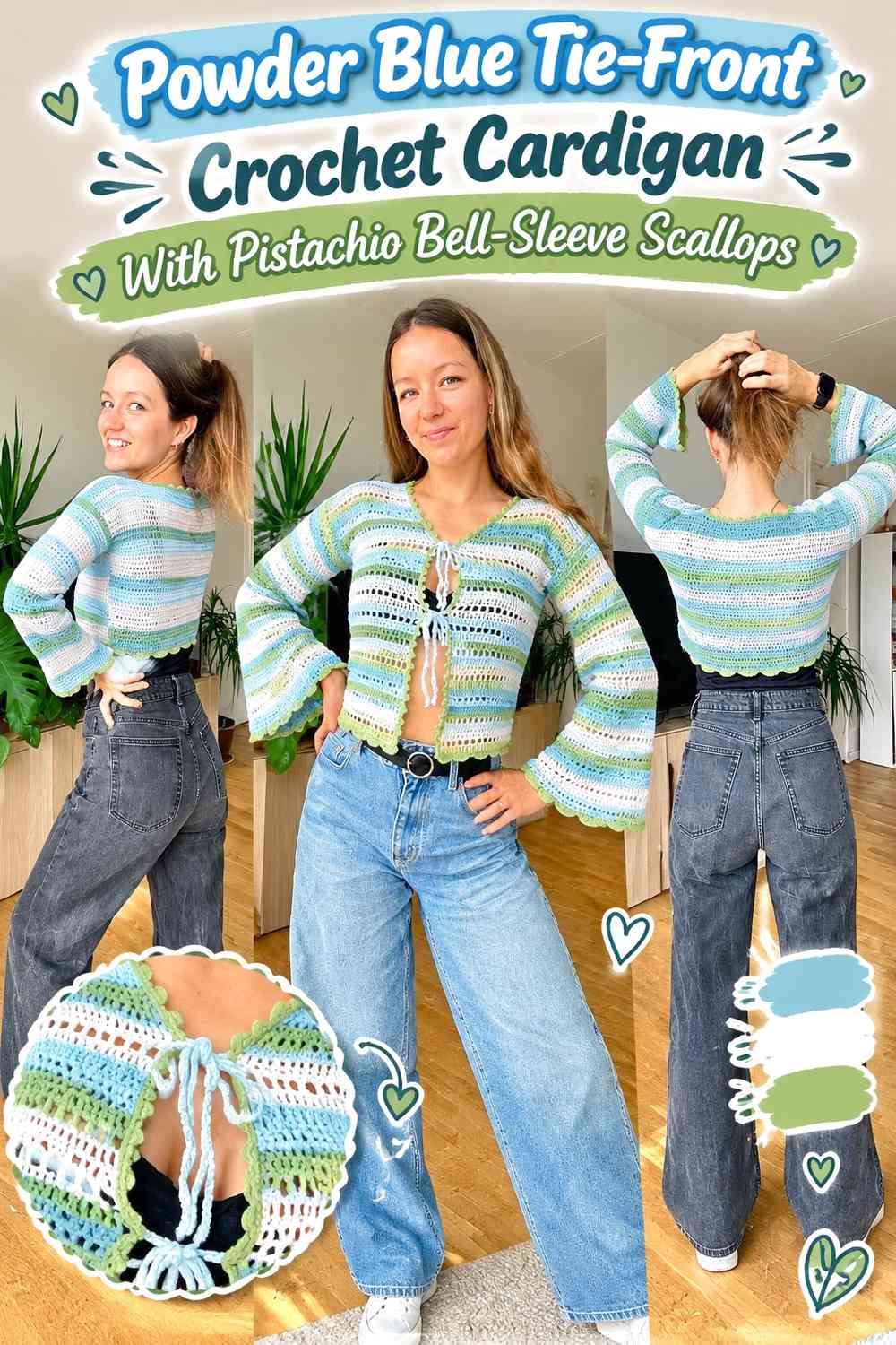 Powder Blue Tie-Front Crochet Cardigan With Pistachio Bell-Sleeve Scallops