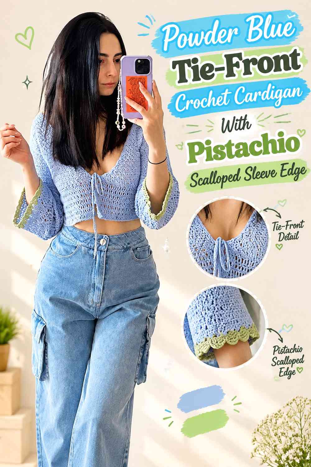 Powder Blue Tie-Front Crochet Cardigan With Pistachio Scalloped Sleeve Edge