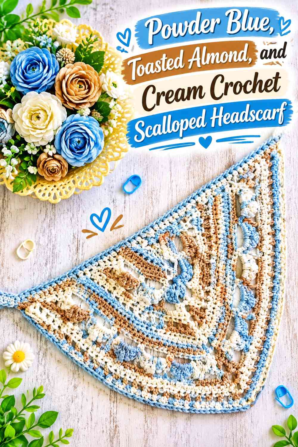 Powder Blue, Toasted Almond, and Cream Crochet Scalloped Headscarf