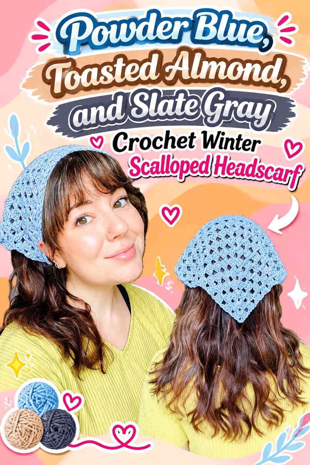 Powder Blue, Toasted Almond, and Slate Gray Crochet Winter Scalloped Headscarf