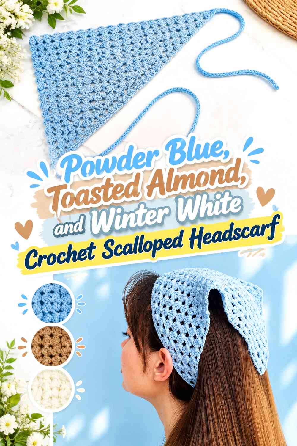 Powder Blue, Toasted Almond, and Winter White Crochet Scalloped Headscarf