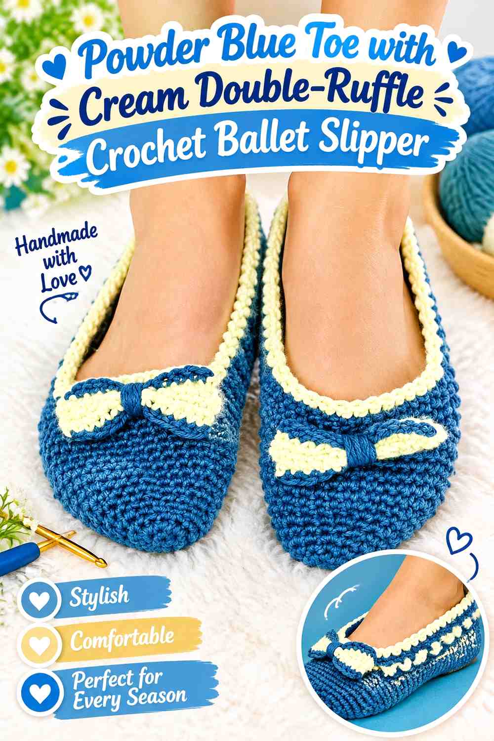 Powder Blue Toe with Cream Double-Ruffle Crochet Ballet Slipper