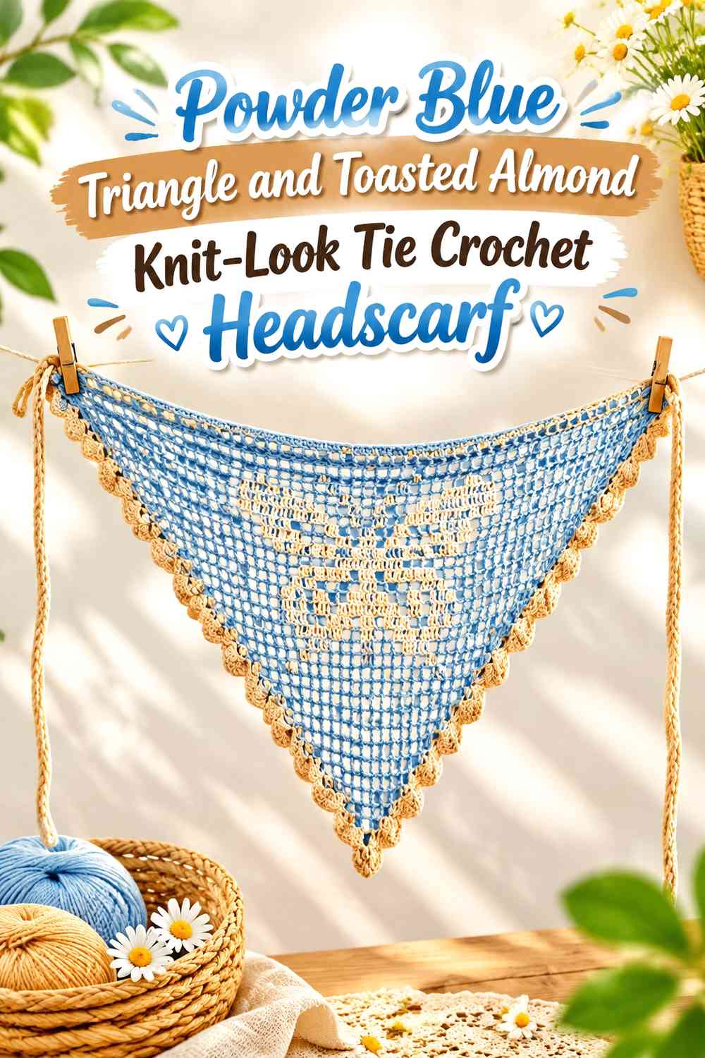 Powder Blue Triangle and Toasted Almond Knit-Look Tie Crochet Headscarf