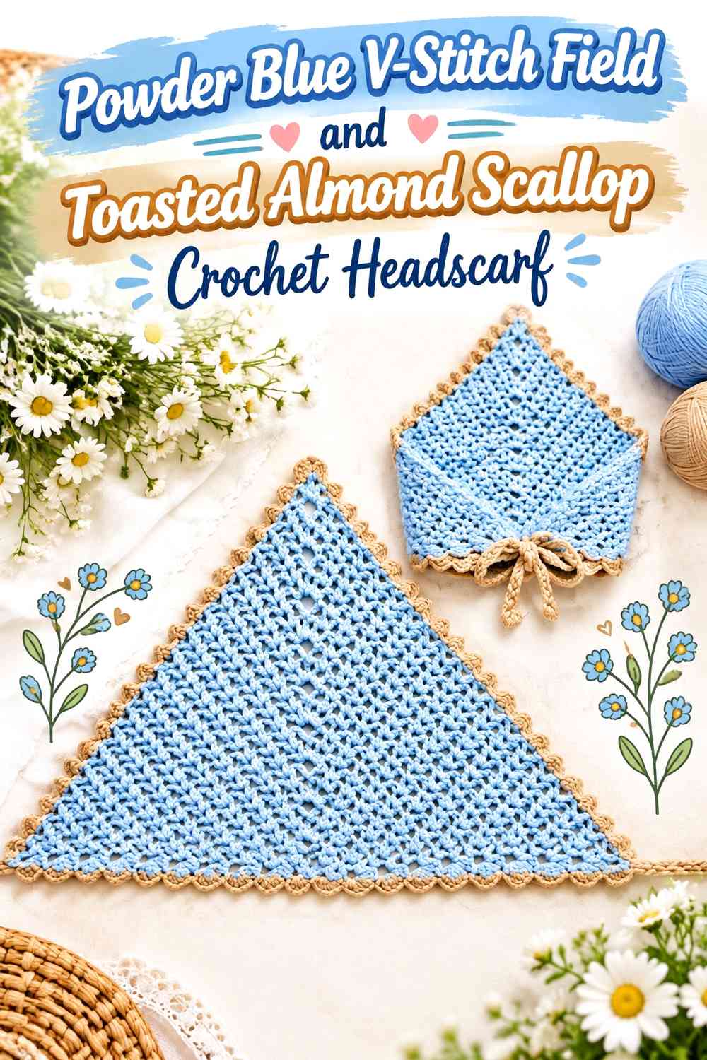 Powder Blue V-Stitch Field and Toasted Almond Scallop Crochet Headscarf