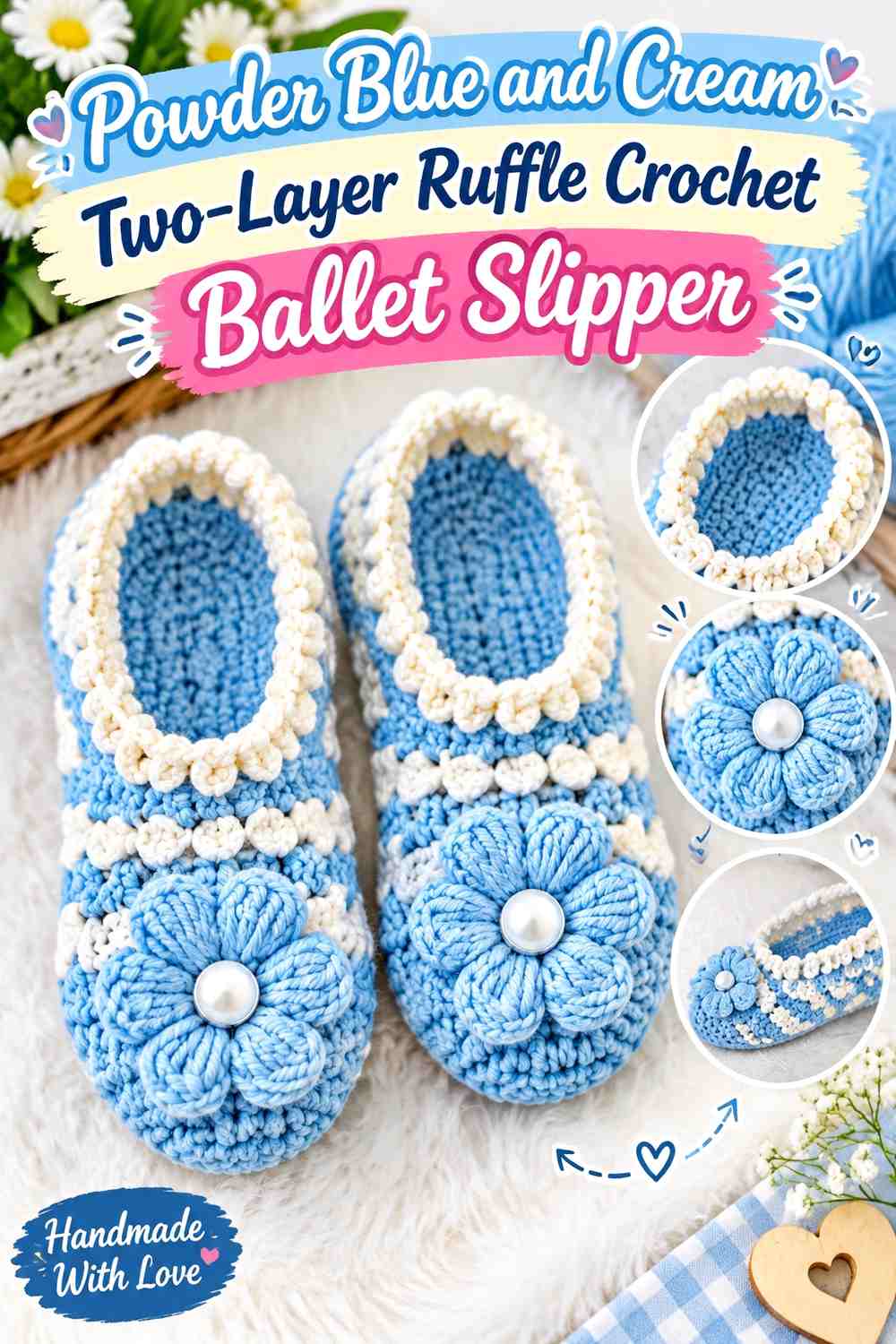 Powder Blue and Cream Two-Layer Ruffle Crochet Ballet Slipper