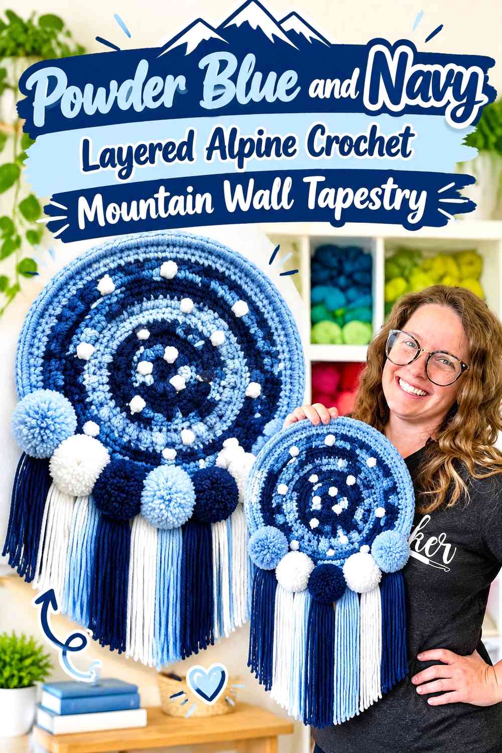 Powder Blue and Navy Layered Alpine Crochet Mountain Wall Tapestry