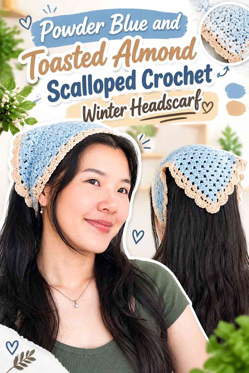 Powder Blue and Toasted Almond Scalloped Crochet Winter Headscarf