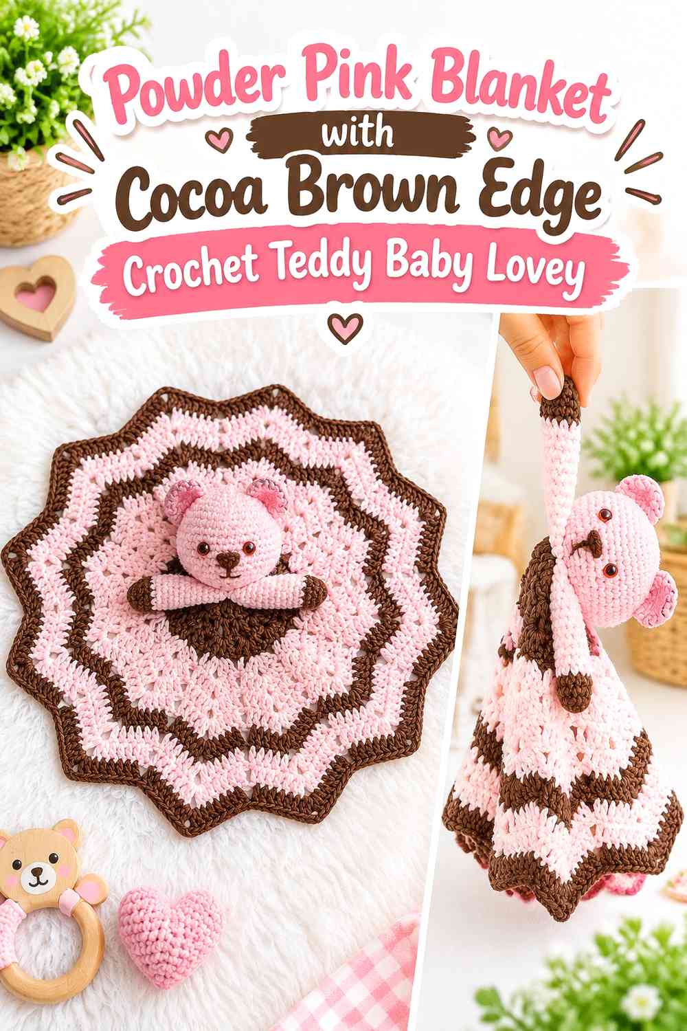 Powder Pink Blanket with Cocoa Brown Edge Crochet Teddy Baby Lovey