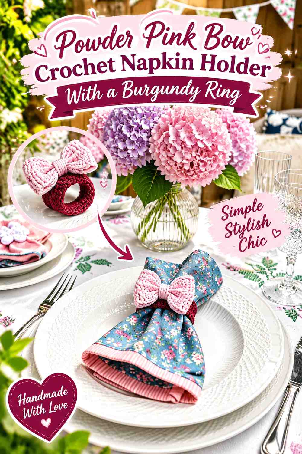 Powder Pink Bow Crochet Napkin Holder With a Burgundy Ring