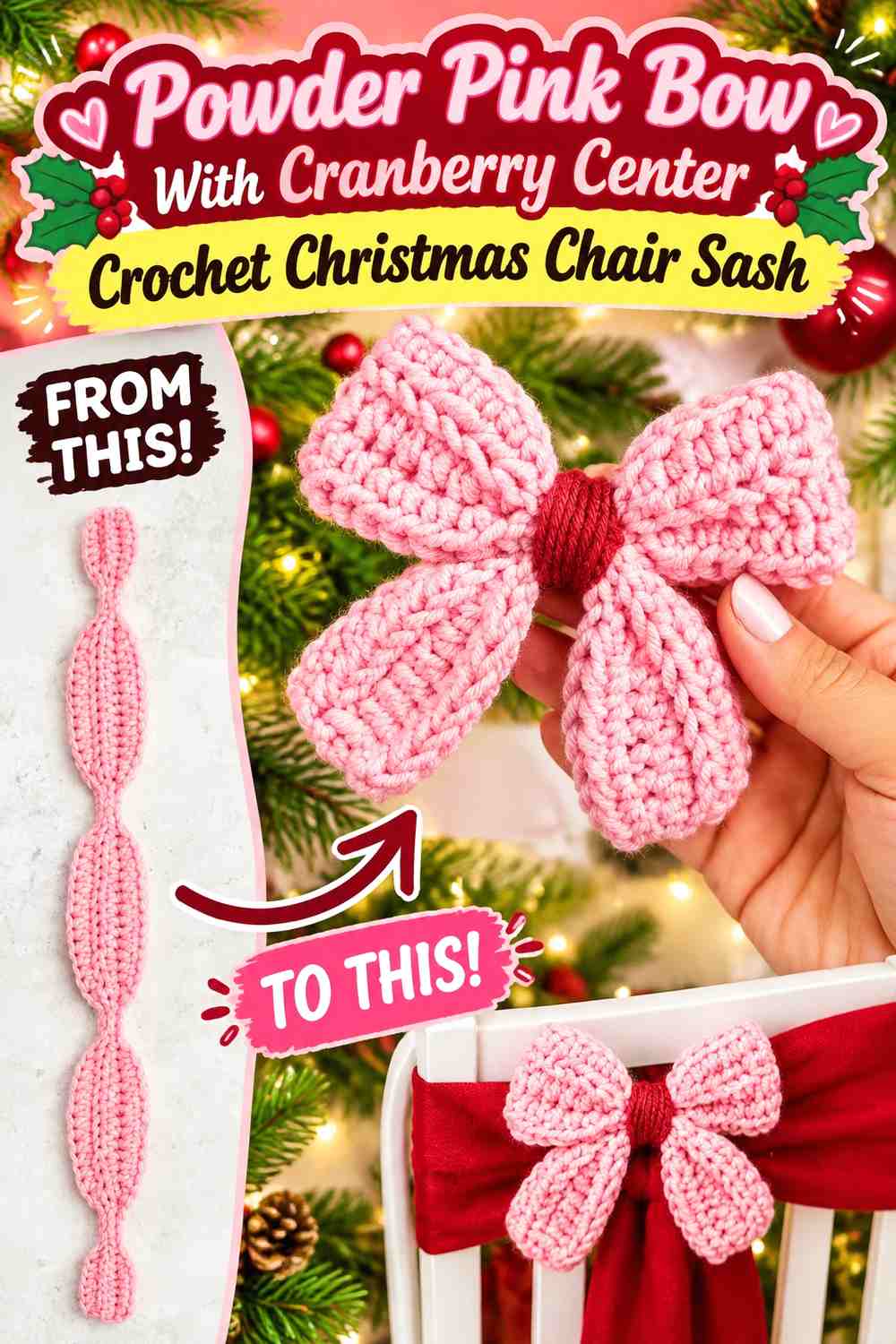 Powder Pink Bow With Cranberry Center Crochet Christmas Chair Sash