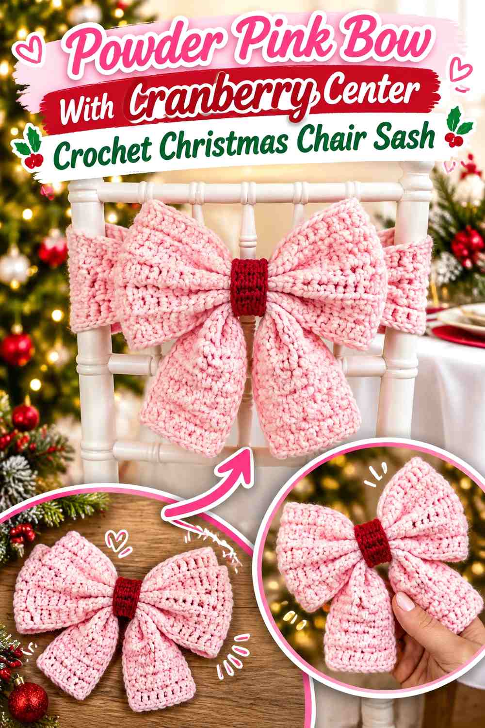 Powder Pink Bow With Cranberry Center Crochet Christmas Chair Sash