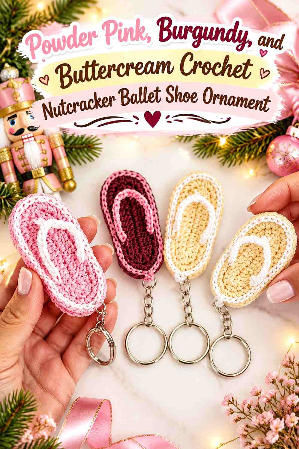 Powder Pink, Burgundy, and Buttercream Crochet Nutcracker Ballet Shoe Ornament