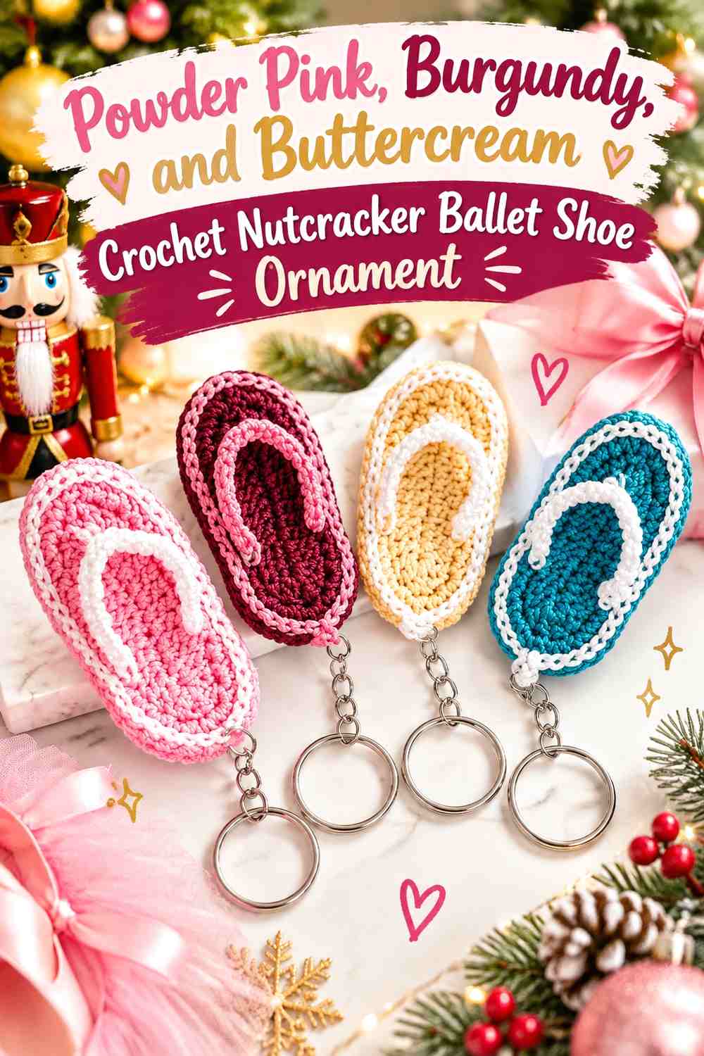 Powder Pink, Burgundy, and Buttercream Crochet Nutcracker Ballet Shoe Ornament