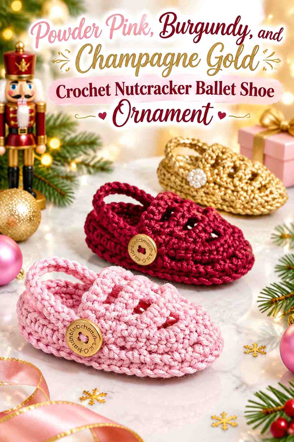 Powder Pink, Burgundy, and Champagne Gold Crochet Nutcracker Ballet Shoe Ornament