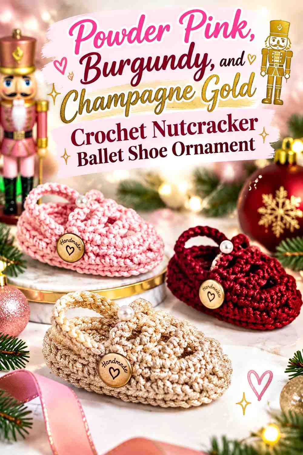 Powder Pink, Burgundy, and Champagne Gold Crochet Nutcracker Ballet Shoe Ornament