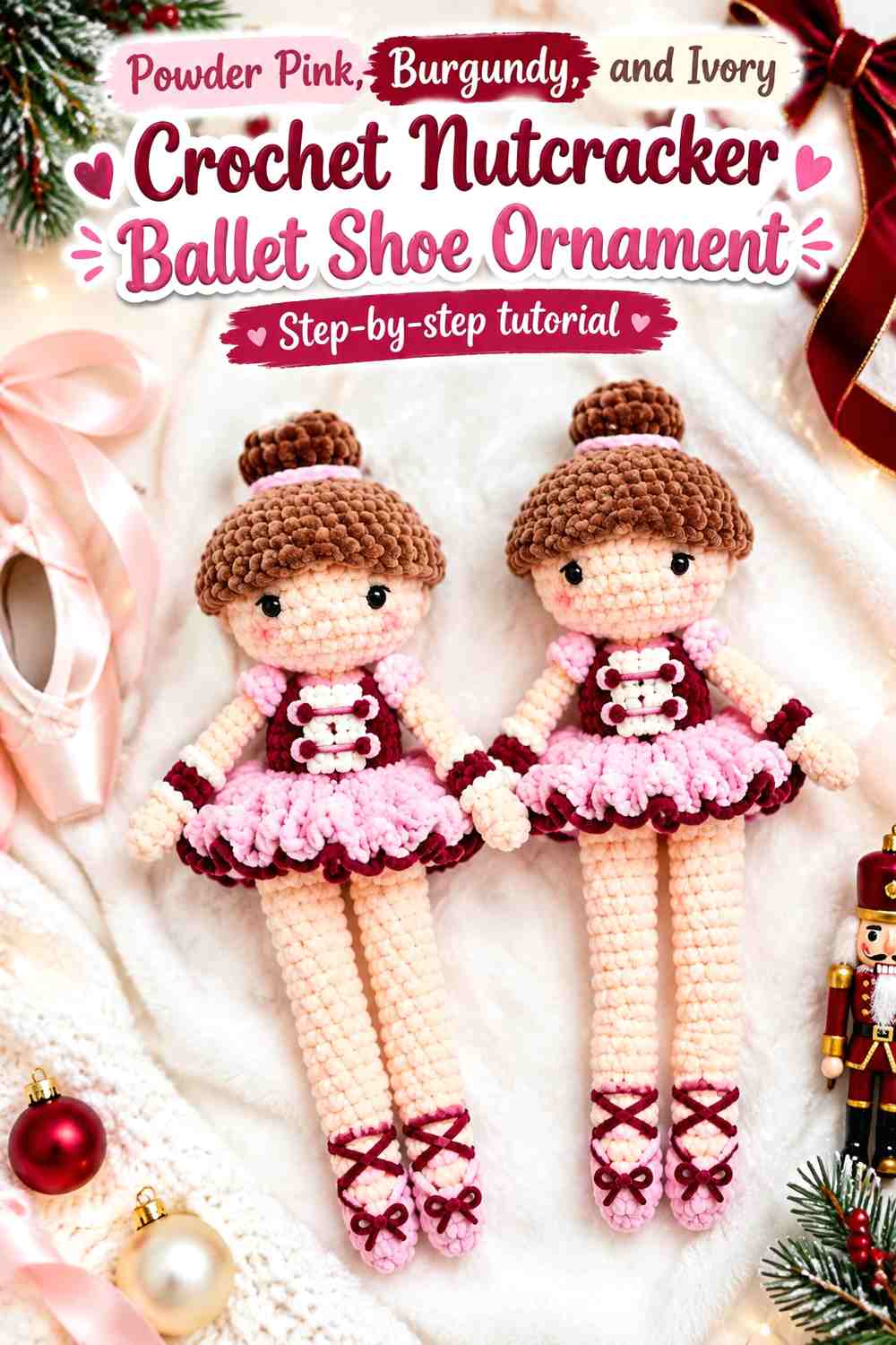 Powder Pink, Burgundy, and Ivory Crochet Nutcracker Ballet Shoe Ornament