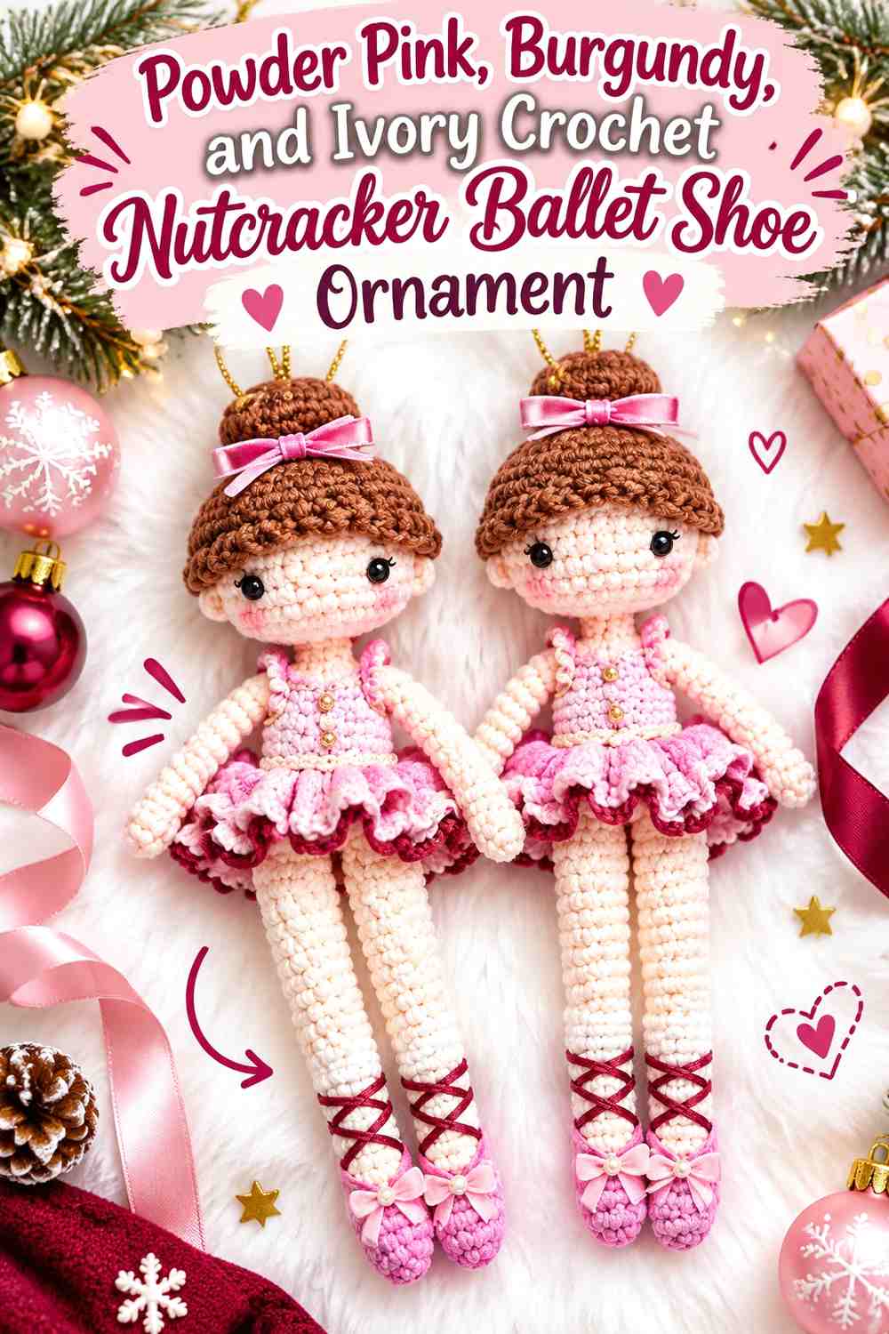 Powder Pink, Burgundy, and Ivory Crochet Nutcracker Ballet Shoe Ornament