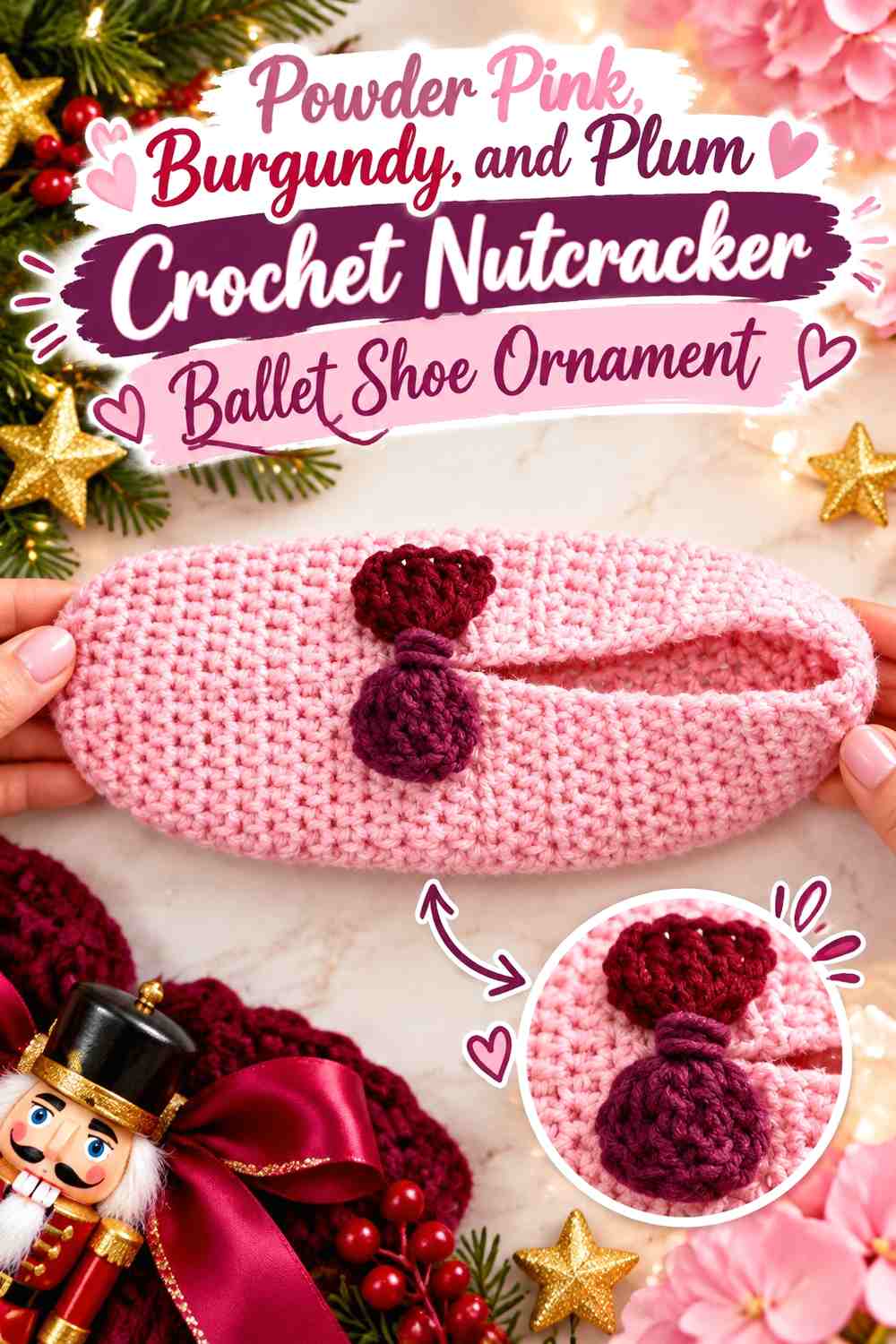 Powder Pink, Burgundy, and Plum Crochet Nutcracker Ballet Shoe Ornament