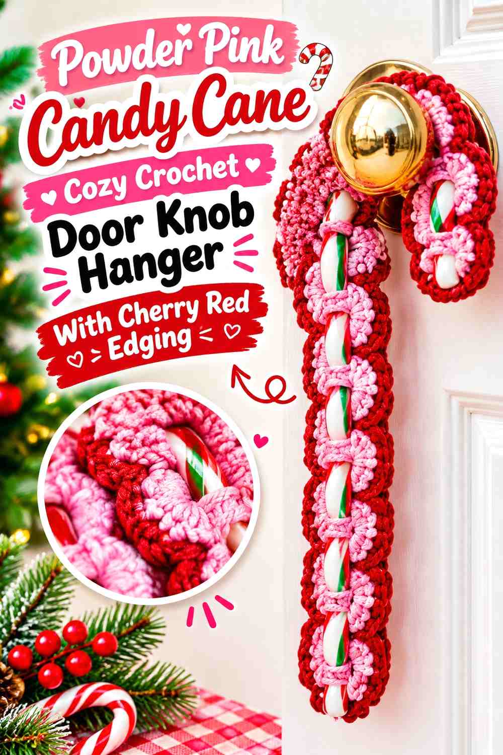 Powder Pink Candy Cane Cozy Crochet Door Knob Hanger With Cherry Red Edging