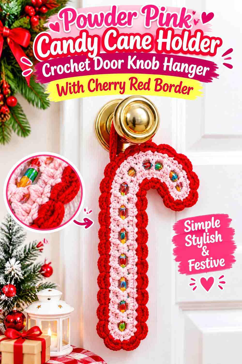Powder Pink Candy Cane Holder Crochet Door Knob Hanger With Cherry Red Border
