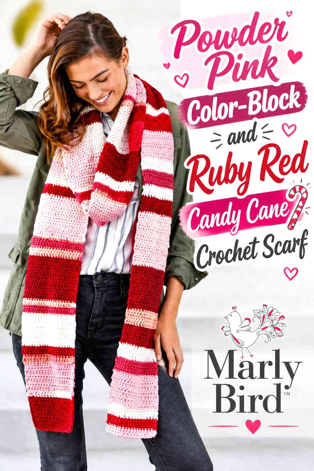 Powder Pink Color-Block and Ruby Red Candy Cane Crochet Scarf