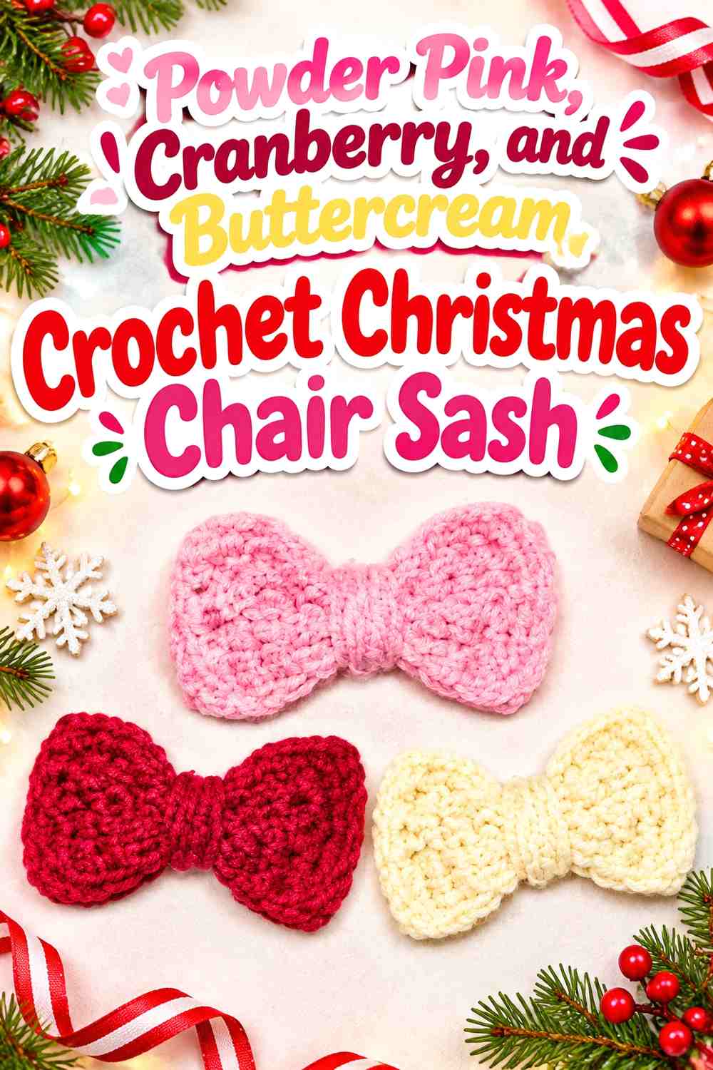 Powder Pink, Cranberry, and Buttercream Crochet Christmas Chair Sash