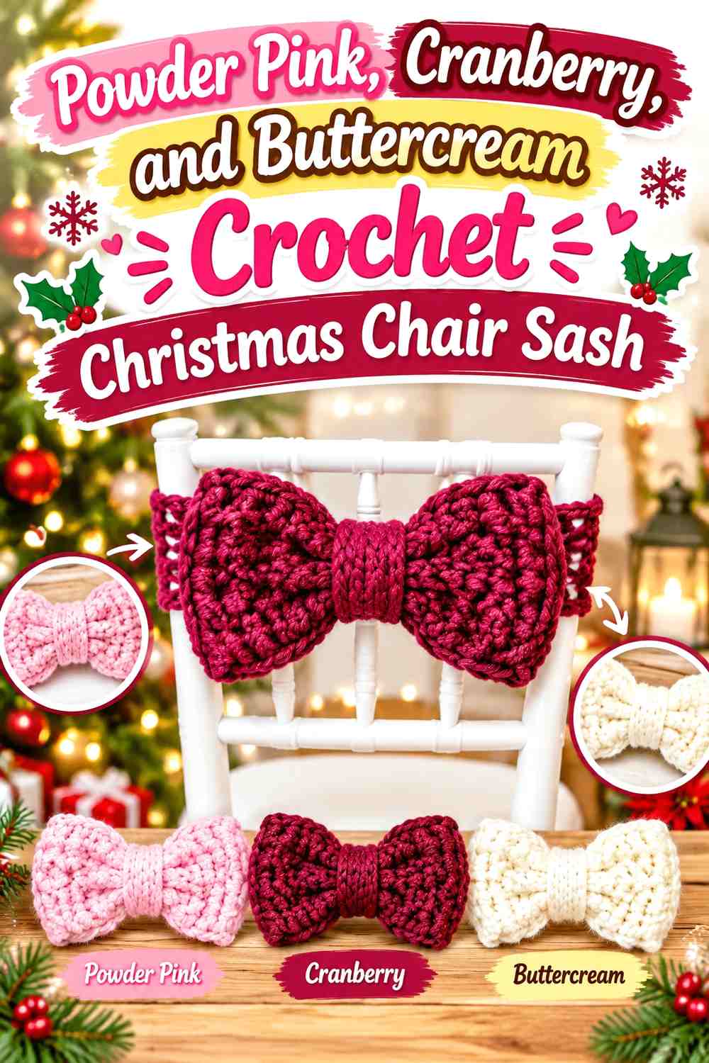 Powder Pink, Cranberry, and Buttercream Crochet Christmas Chair Sash
