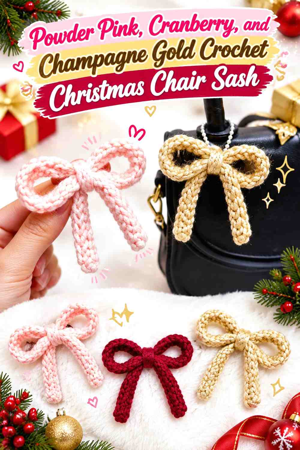 Powder Pink, Cranberry, and Champagne Gold Crochet Christmas Chair Sash